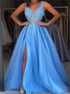 A Line V Neck Blue Tulle Sequins Prom Dress with Slit LBQ3313